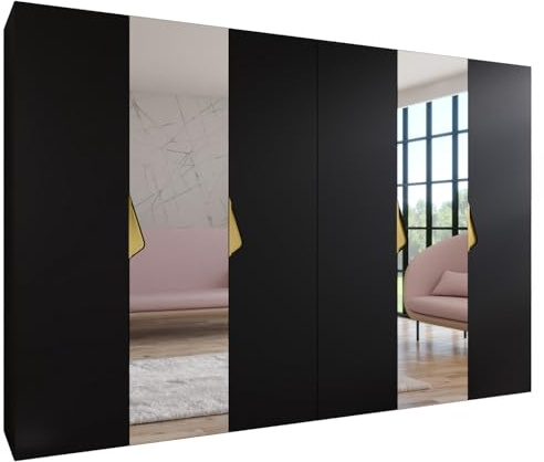 MEBLE KRYSPOL - Kleiderschrank - Garderobenschrank - 300 cm x 202 x 52 cm - Schrank mit Kleiderstange und Spiegel, 6 Türen - für Schlafzimmer, Flur - SANDI, Schwarz, Griff Gold