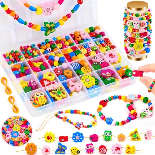 BYHANO Holzperlen für Kinder ab 4 Jahre, Perlen für Armbänder, Bastelset mit Blumen, Tieren und Macaron-farbenen Perlen inklusive Schnur, für DIY Armbänder, Schmuck und kreative Projekte (colorful)