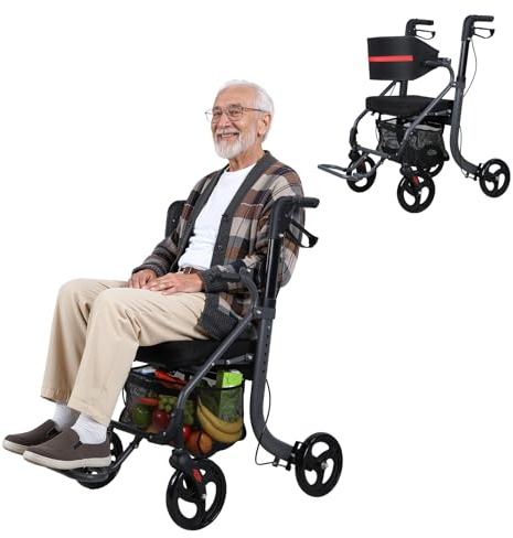 2-in-1-Rollator für Senioren, zusammenklappbarer Rollstuhl mit Sitz, 8-Zoll-Rad, medizinischer Antrieb, Transportstuhl-Kombination mit Rückenlehne, verstellbare Höhe für Erwachsene, 100 kg Kapazität
