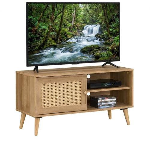 Swish Furniture Oak Effect PVC Rattan 1 Door TV Unit for 40 inch TV | Hidden Storage, Media Unit Cabinet Sideboards for Living Room with Open Shelves and Cable Management Television Stand