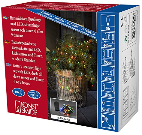 Konstsmide LED Globelichterkette, runde Dioden, mit an/aus Schalter Lichtsensor und 6h und 9h Timer, 40 bunte Dioden, batteriebetrieben, Außen (IP44), schwarzes Kabel, 4 x AA 1.5V (exkl.) - 3740-500