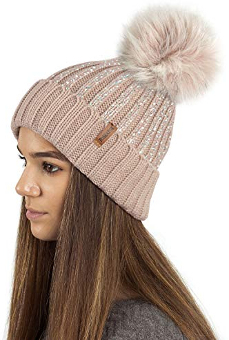 TOSKATOK Gorro de Invierno con Costuras de Punto en Tejido de Punto con Estampado metálico Elegante en Plata o Dorado y pompón Grande de Piel sintética