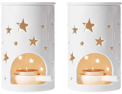 Comsaf Keramik Duftlampe Teelicht, Aromalampe mit Kerzenhalter, Mini Teelichthalter Öl Brenner, Aroma Diffuser Räucher Zubehör für Duftöl/ätherische(Sternenmuster Zylinder, 2er Set)