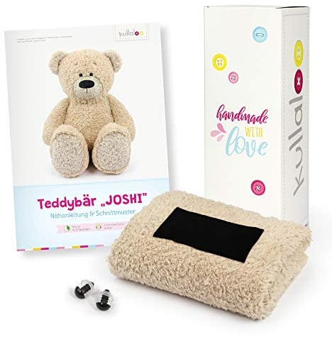 kullaloo Stoffset/Geschenkset zum Teddy nähen - mit Nähanleitung als gedruckte Broschüre, Teddyplüsch und Sicherheitsaugen, verpackt in einer bezaubernden Einhorn-Geschenkbox (beige)
