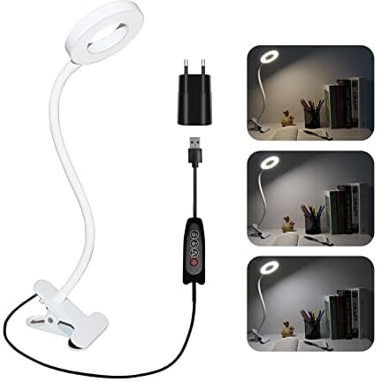 Akynite Klemmleuchte USB Weiß mit Adapter und Kabel, 48 LED Make Up Schwanenhals Lampe, 3 Farbwechsel & 10 Helligkeit, Flexibel Leselampe Bettlampe Klemmbar, Bett Lampe Kopfteil Schreibtischlampe