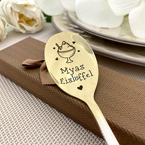 hegehof Eislöffel mit Namen - Ice Cream Spoon Löffel für EIS - Geschenkidee Kostenloser Gravur auf dem Stiel (Golden Dol)