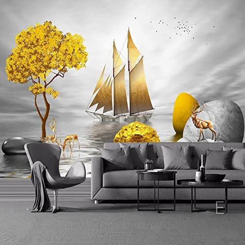 FRTMWallpaper Photo Wallpaper 3D Effect Golden Sailboat Trees 360X250Cm Self-Adhesive PVC Wall Sticker Removable Poster Vinyl Wall Decal Wall Mural Wallpaper Decor Art Living Room Bedroom