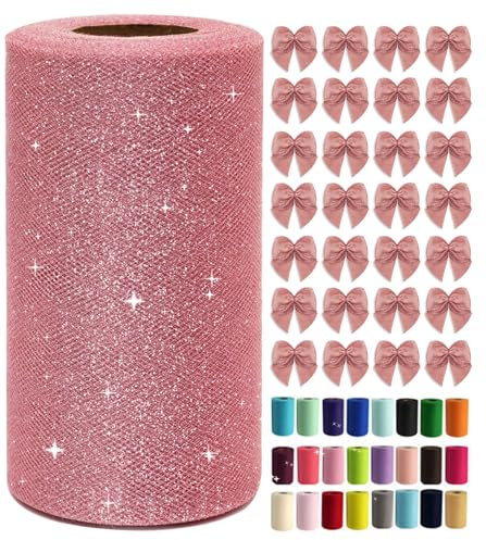 Rose Gold Glitter Tulle Rolls 6 Inch by 50 Yards Sparkle Fabric Ribbon for DIY Tutu Skirt Gift Wrapping Sewing Bow Wedding Decorations Craft Supplies