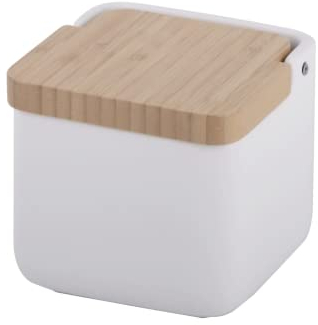 KOOK TIME Kitchen salt pot with lid | Ceramic salt pigs for kitchen with natural bamboo lid, perfect for coarse, fine or maldon salt or spices or sugar | Matt White Salt Pig | 11.5 x 11.5 x 11.5 cm.