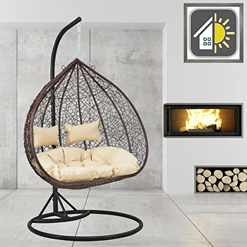 GOODS EMPORIUM Premium Hanging Double Egg Chair Outdoor Garden Swing Chair Hammock Chair with Cushions - RAINCOVER INCLUDED (Double, Black - Brown - Beige)