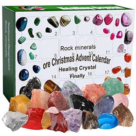 Adventskalender 2023, Erz-Weihnachts-Adventskalender, 24 Tagen Heilkristall-Weihnachts-Countdown-Spielzeug, Natürliche Mineralien und Edelsteine, Geschenk für Kinder Jungen Männer