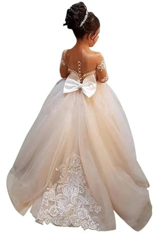 BABYONLINE D.R.E.S.S. Robe Boheme Chic Mariage Longue en Dentelle Tulle Robe de Communion Champagne avec Traîne pour Les Filles 4 Ans