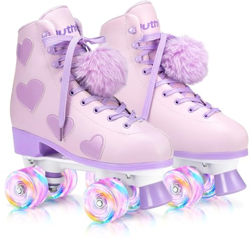 Ruthfot Klassische Rollschuhe für Damen und Mädchen, mit leuchtenden Rädern und Liebesherz-Muster, High-Top-PU-Leder-Rollschuhe, Violett