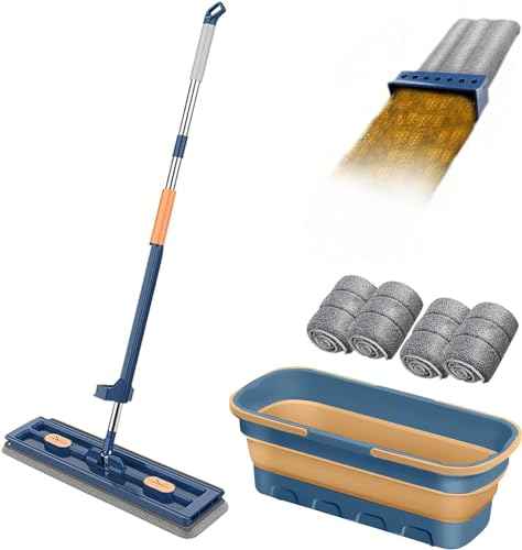 Grand Balai Plat de Nouveau Style, Grande serpillère Plate Grandes Surfaces avec Manche en Acier Inoxydable avec Tampons en Fibre Super, Balai Industriel avec tête rotative (Bleu+4chiffons)