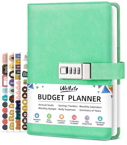 WEMATE Budget Planner 2026 with Lock, Monthly Budget Book with Expense Tracker Notebook, Undated Financial Planner to Manage Your Money, A5 Leather Account & Budget Book, Green
