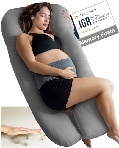 Traumreiter Seitenschläferkissen Visco Comfort L mit Bezug Grau, Hybrid Kissen + 1cm Memory Foam, U Form Schwangerschaftskissen Gel Body Pillow Komfortkissen Erwachsene, Ergonomie Zertifiziert