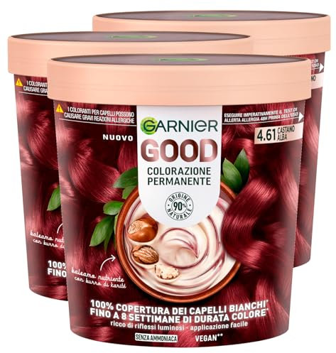 Garnier Good Permanente Haarfarbe, für bis zu 8 Wochen, brillante und leuchtende Farbe, deckt 100 % weißes Haar ab, vegane Formel ohne Ammoniak, 4,61 Braun Alba - 3 Packungen