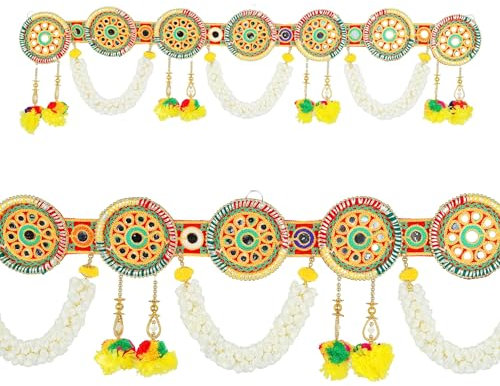 Decorative Toran Door Hanging Artificial Marigold Mogra Flowers Garlands Bandanwar Beads Wall Hangings for Main Door Living Room Home Valance decor decorations(Size-36X9)(Multicolor)
