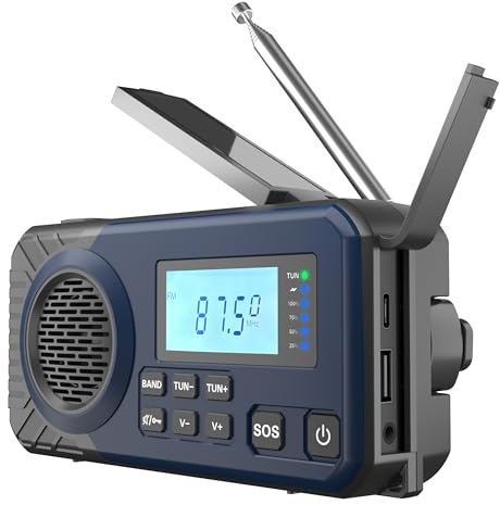 Acta Berg Radio d'urgence avec manivelle et énergie solaire – Batterie 5000 mAh, récepteur mondial, AM/FM/SW, USB, lampe de poche et chargeur – Bleu