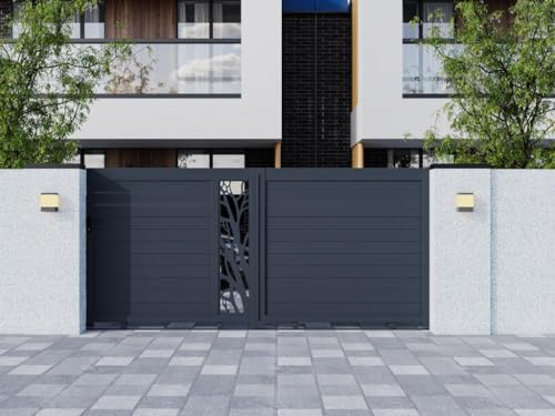 Vente-unique - Gartentor Schiebetor - 350 x 179 cm - Aluminium - halb durchbrochen - Muster - Anthrazit - Set - LABRIT II