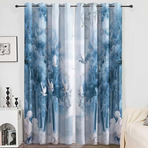 Kinder Vorhänge Tier Taube Blaue Bäume Ösen Gardinen mit Blickdichte Vorhang Kälteschutz Blackout Curtain Kinderzimmer Schlafzimmer Ösenvorhang Traumhafte Romantische Landschaft H 214 x B 91.5 cm