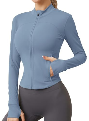 IECCP Sportjacke Damen Laufjacke Langarm Gym Tops Yoga Fitness Shirt Atmungsaktive Sportjacke Reißverschluss Leicht Trainingsjacke mit Daumenloch Grau Blau XS