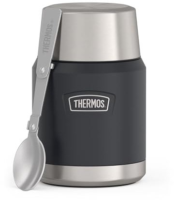 Thermos ICON Food Jar 0,47 l, gris oscuro mate grafito, 470 ml, doble pared, acero inoxidable 18/8, mantiene el calor y el frío, con cuchara plegable, base antideslizante, totalmente hermética
