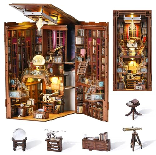 MiniCity Kit Book Nook, Maison de poupée Miniature en Bois 3D, Puzzle 3D, décoration d'insert avec lumière LED et Housse de Protection Contre la poussière pour Adolescents et Adultes (Beyond Library)