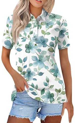 DIYIOUZHOU Polo Shirts for Women UK Casual Golf Button Short Sleeve Floral Print Lapel Top Cozy Lady Golf Tops
