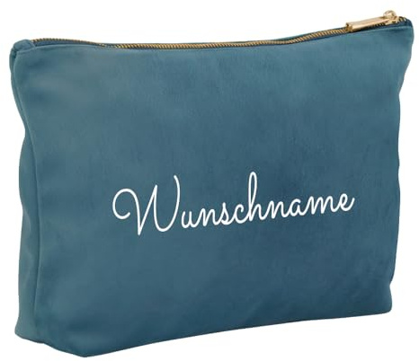 Kosmetiktasche aus Samt mit Name Bedruckt personalisierte Schminktasche für Handtasche Beautybag Accessoire Tasche (Blau)