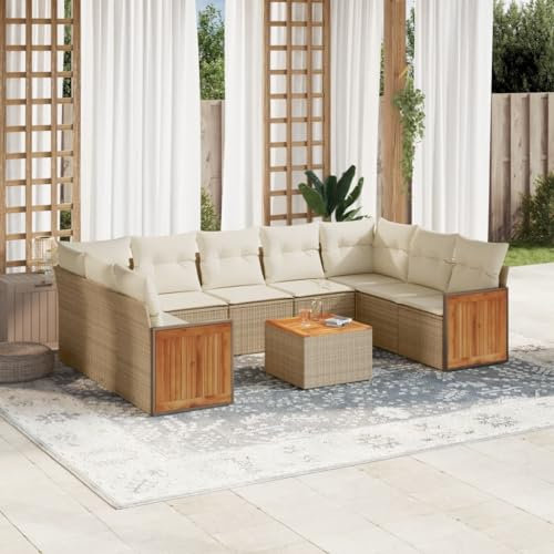 Iiaky 10-TLG. Garten-Sofagarnitur mit Kissen Outdoor Sitzgruppe Lounge Set Balkon Outdoor Furniture TerassenmöBel AußEn Lounge Beige Poly Rattan // 3260364