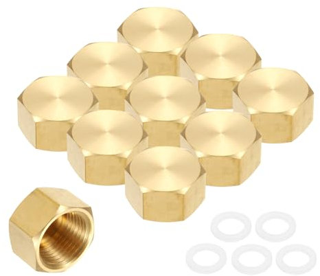 sourcing map 3Pcs Brass Hex Head Plug Compression Cap Fitting Stop Valve Cap,1/2 Hex Thread Pipe Fitting Flare Tubing Ends Sealing with Gasket for Air Conditioner, Water, Gold