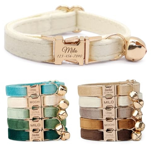 CHRYMPETIC Nicht Abnehmbares Samt Katzenhalsband Personalisiert mit Namen - Personalisierbares Halsband mit Glöckchen und Fliege Verfügbar (Cremefarben)