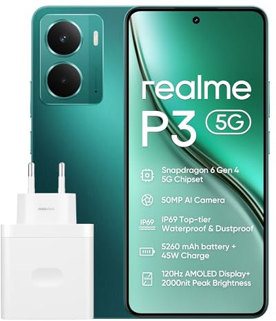 realme P3 5G Smartphone 12+512 GB, Processore Snapdragon 6 Gen 4 5G, Batteria titanica da 5260mAh,Ricarica rapida da 45W, AMOLED da 120 Hz, Luminosità di picco a 2.000 nit, IP69, Green