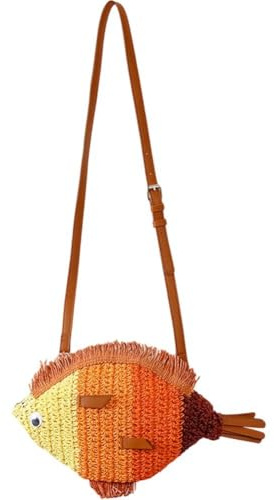 Hrippy Fish Shaped Straw Shoulder Bags Handmade Paper Woven Crossbody Bag Cute Summer Beach Bag Novelty Holiday Purses