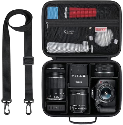 BOVKE Hard Case for Canon EOS 2000D / 4000D / R100 / R50 / R50V / R10 / R8 / R7 / R6 Mark II Mirrorless Camera, Panasonic, Sony DSLR Digital Camera, Lens, Tripod, Shoulder Strap & 5 Dividers, Black