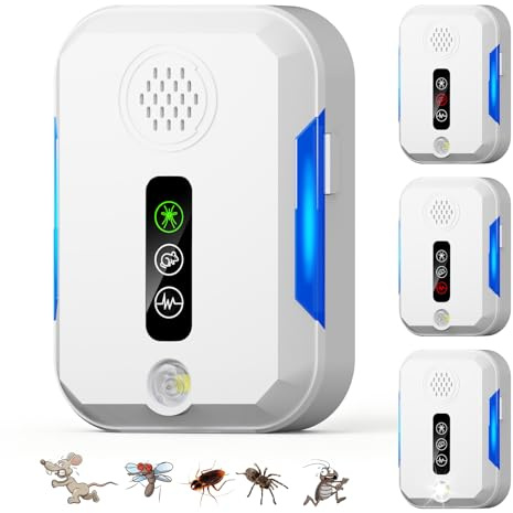 Ultrason Souris et Rats, 4 Pcs Intérieure Repulsif Souris avec 4 Modes Appareil Ultrason pour Nuisible Repousse Rats Moustiques Araignées Mouches Punaises Sûr pour Enfants et Animaux