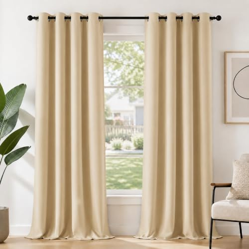 Deconovo Gardinen Verdunkelnd Thermovorhang Hitzeschutz Curtain Champagner | 2er Set, H245 x B200 cm, Thermovorhang mit Ösen, Verdunkelnd und Hitzeschutz Vorhang für moderne Wohnräume besonders geeignet