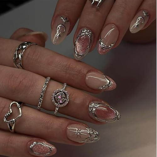 Nymora 24 Stück French Press On Nails, Katzenaugen Nageldesign in Pink, Künstliche Gel Fingernägel zum Aufkleben mit Glitzer, Fingernägel für die Hände