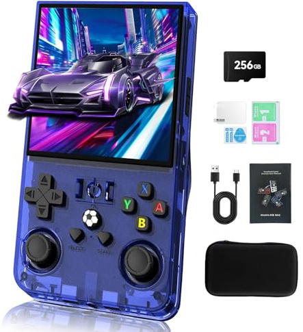 GWALSNTH R36 MAX Handheld Game Console,Mini Retro Game Console with 256GB TF Card, 40000+ Classic Games, 4.0 IPS HD Screen 4000mAh Rechargeable Portable Video Console（Transparent Blue）