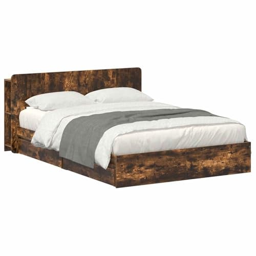 vidaXL Bettgestell mit Stauraum Geräucherte Eiche 135 x 190 cm, Modernes Schlafzimmer, rechteckige Form, Holzbettgestell, platzsparender Stauraum, funktionale Basics