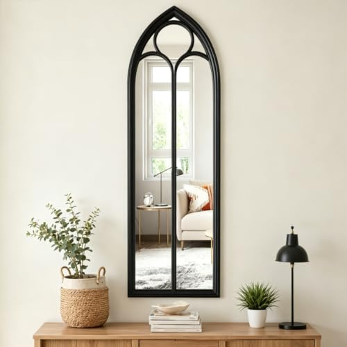 Warmiehomy Gothic Arch Black Metal Wall Mirror 30x100cm Window Decor Mirror