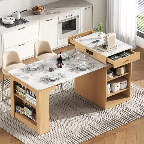 Bladez Ausziehbarer Kücheninsel mit Rollen, Sideboard Esstisch Bartisch mit Steckdosenleisten und Stauraum, für Esszimmer Küche, Marmormuster