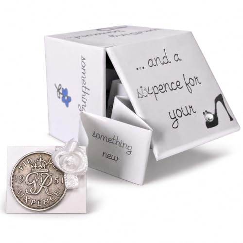 Lucky Sixpence Wedding Gift – Something Old Something New Something Borrowed Something Blue | Genuine Vintage Sixpence in Handmade Keepsake Box – Gift for Bride