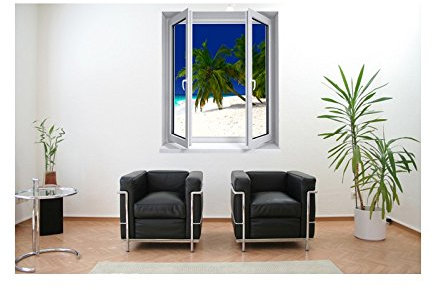 Stickers trompe l'oeil fenêtre Plage et sable blanc - L 100cm x H 120cm