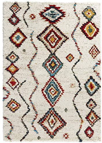 Hanse Home Mint Rugs Geometric Teppich Hochflor Wohnzimmer-Teppich Weich Flauschig Langflor Shaggy Flokati Boho Ethno-Design für Kinderzimmer Schlafzimmer Küche Flur Creme-Bunt 80x150 cm