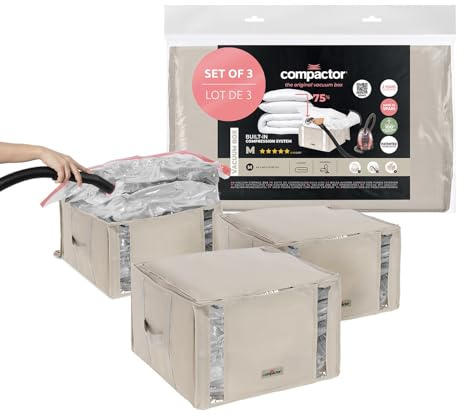 COMPACTOR- Lot de 3 housses de rangement sous vide Taille M - 42 x 40 x H27 cm - Coloris beige - Compression avec aspirateur - Valve brevetée - Grande capacité - Linge protégé