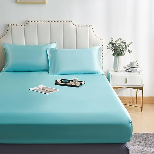 DuShow Satin-Spannbetttuch mit hohem Steg – atmungsaktiv, weich, komfortabel, knitterarm, schmutzabweisend, lichtfest und abriebfest (Doppelbett, Blau)