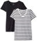 Amazon Essentials Maglietta con Scollo a v a Maniche Corte vestibilità Regolare Donna, Pacco da 2, Bianco Righe/Nero, S