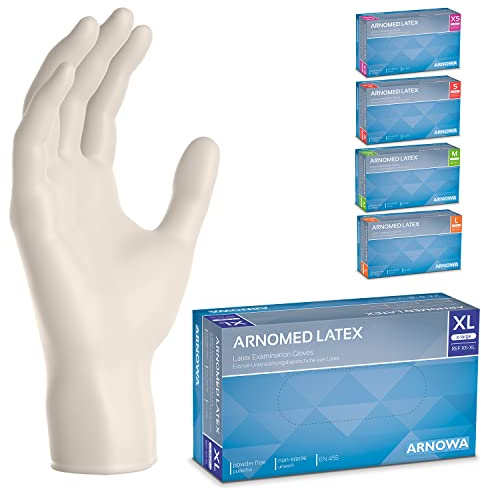 ARNOMED 100x Einweghandschuhe XL, Latexhandschuhe Weiß (1x100 Stück), Einweghandschuhe puderfrei, Handschuhe Latex Einweg, Putzhandschuhe, Latex Handschuhe, Einmal-/Einweg-Handschuhe XS, S, M, L & XL